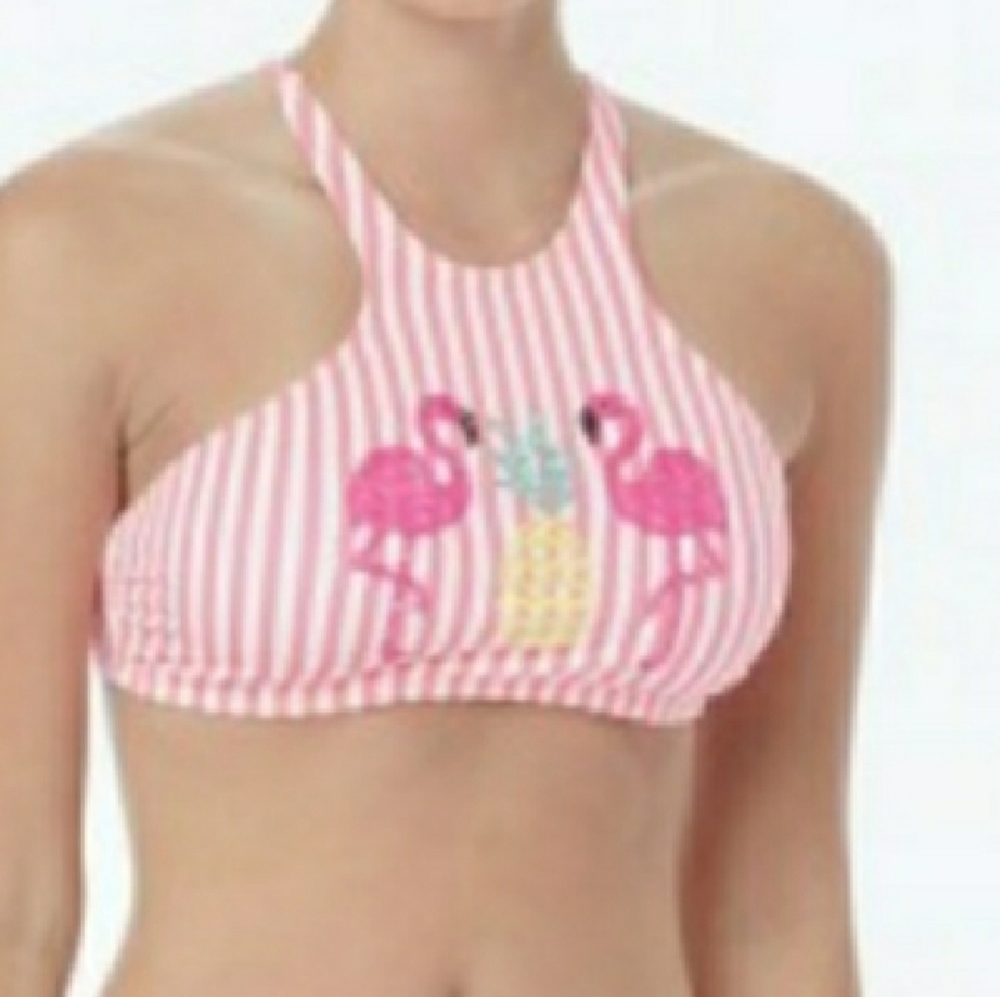 Coco Rave flamingo pink White Retro striped halter bikini top Open Back NEW XL - Picture 3 of 5